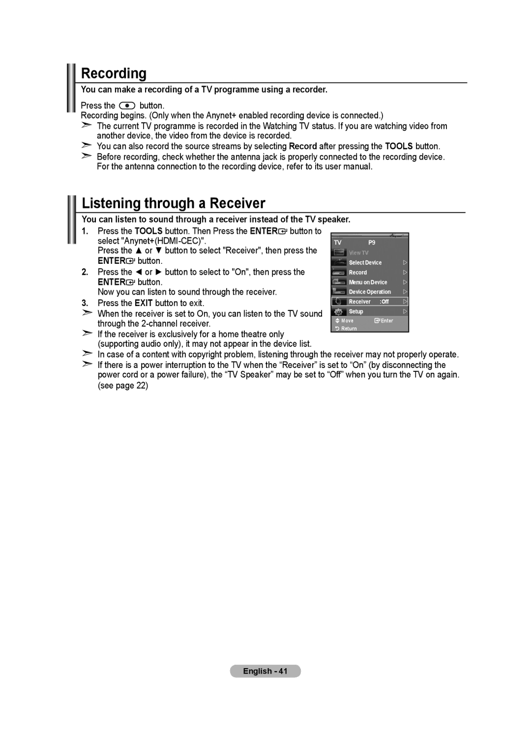 Samsung BN68-01508J-00 user manual Recording, Listening through a Receiver 