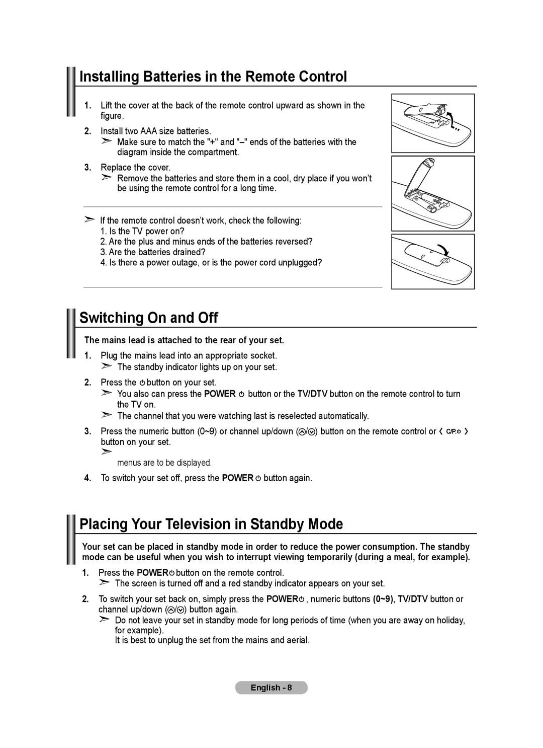 Samsung BN68-01517A-00 user manual Installing Batteries in the Remote Control, Switching On and Off 