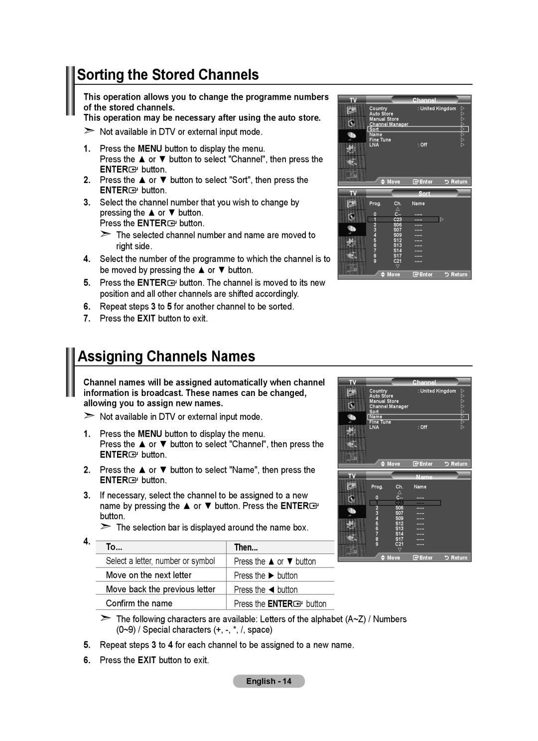 Samsung BN68-01517A-00 user manual Sorting the Stored Channels, Assigning Channels Names, Then 