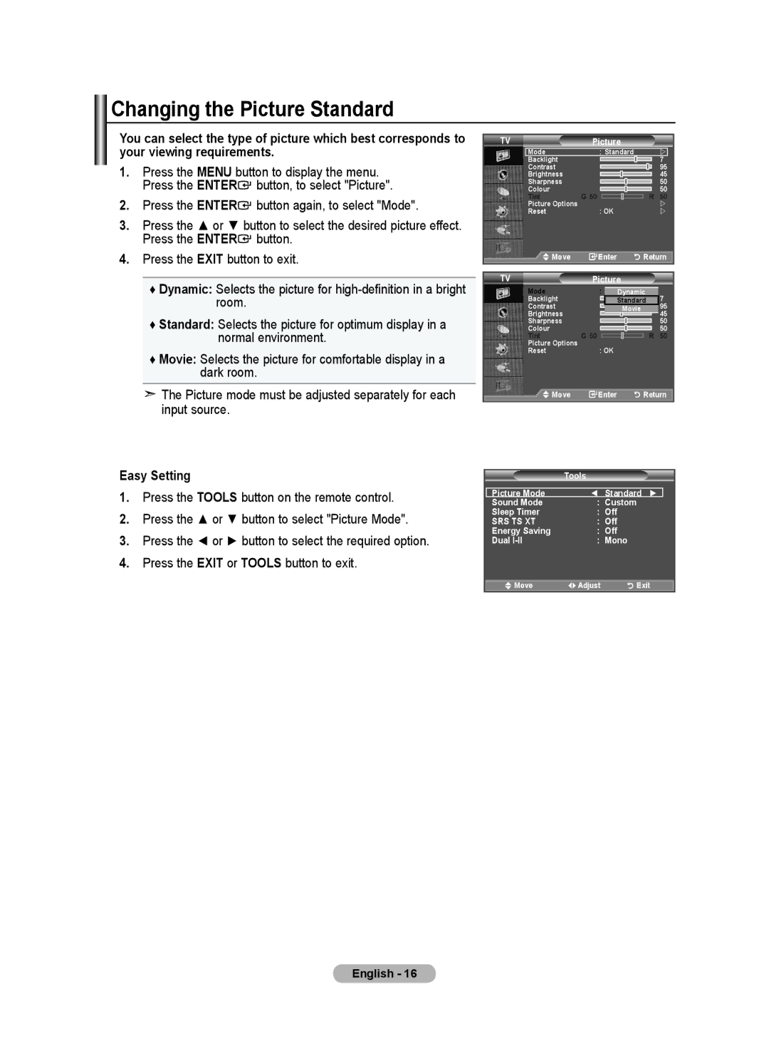 Samsung BN68-01517A-00 user manual Changing the Picture Standard, Easy Setting 