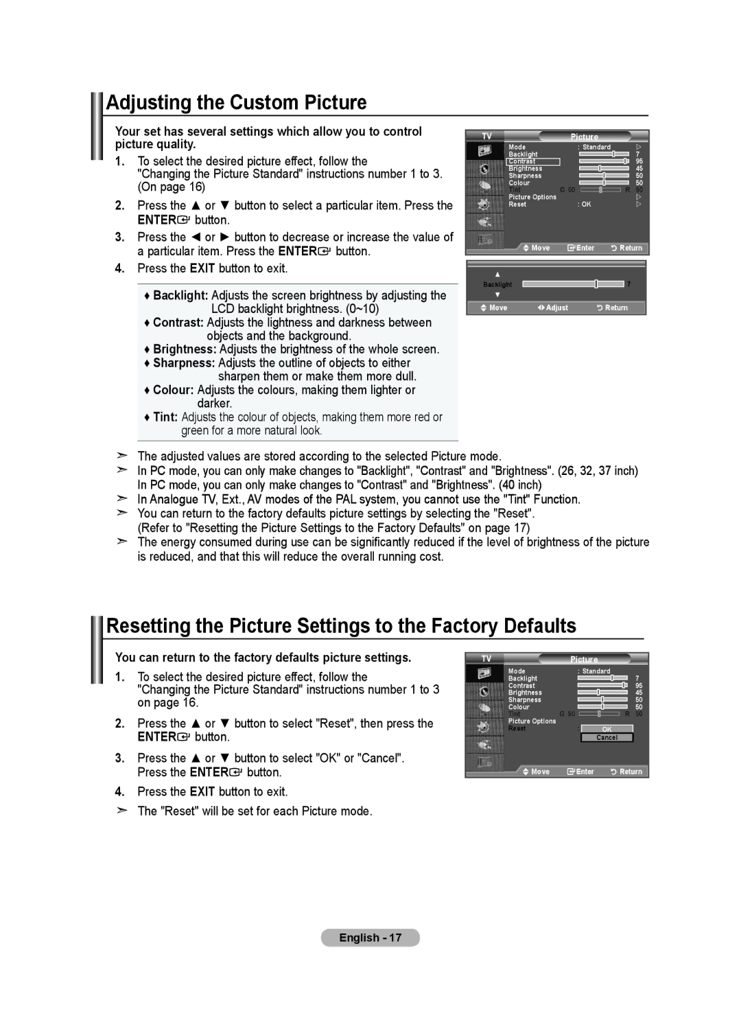 Samsung BN68-01517A-00 user manual Adjusting the Custom Picture, Resetting the Picture Settings to the Factory Defaults 