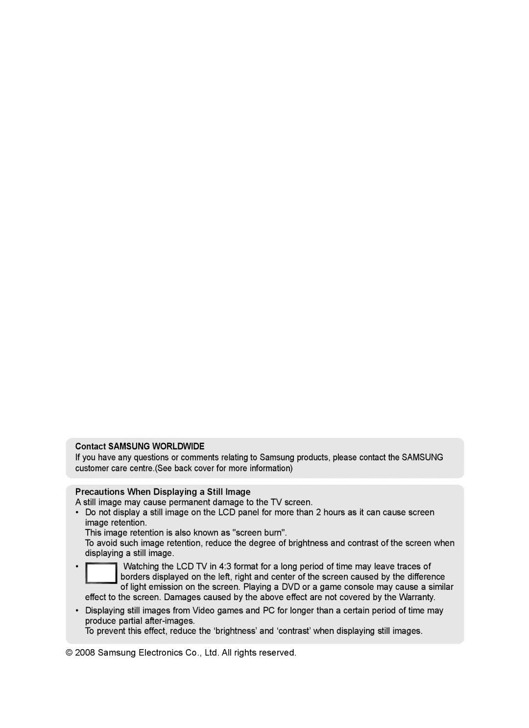 Samsung BN68-01517A-00 user manual Contact Samsung Worldwide, Precautions When Displaying a Still Image 