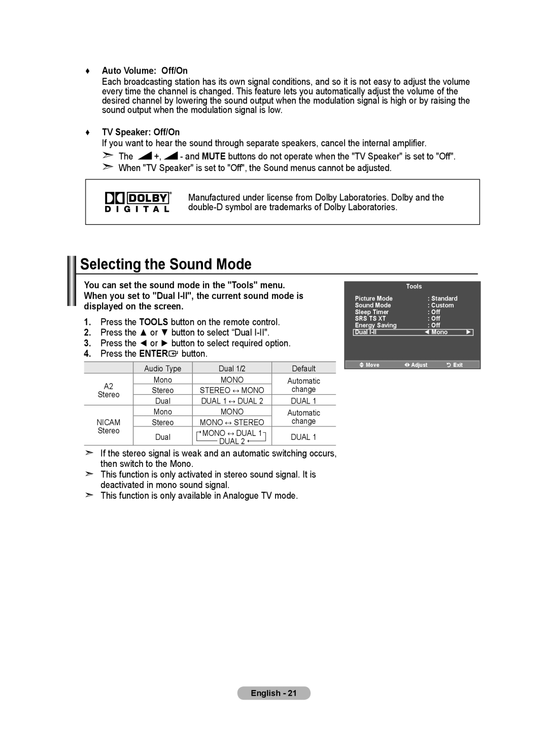 Samsung BN68-01517A-00 user manual Selecting the Sound Mode, Auto Volume Off/On, TV Speaker Off/On 