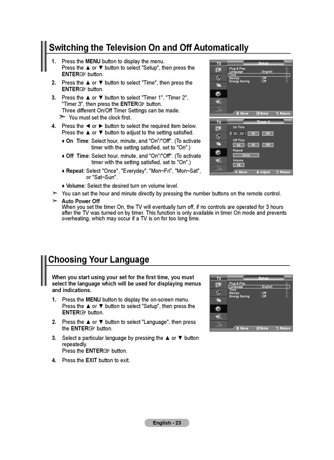 Samsung BN68-01517A-00 Switching the Television On and Off Automatically, Choosing Your Language, Auto Power Off 