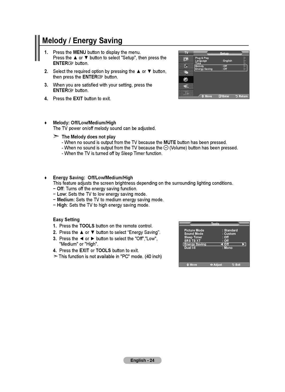 Samsung BN68-01517A-00 Melody / Energy Saving, Melody Off/Low/Medium/High, TV power on/off melody sound can be adjusted 