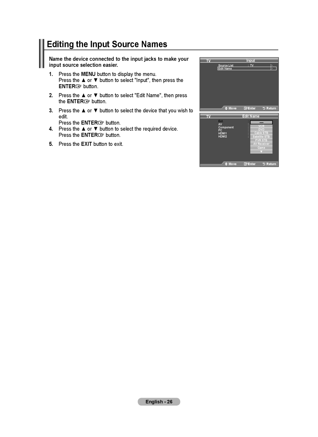 Samsung BN68-01517A-00 user manual Editing the Input Source Names 