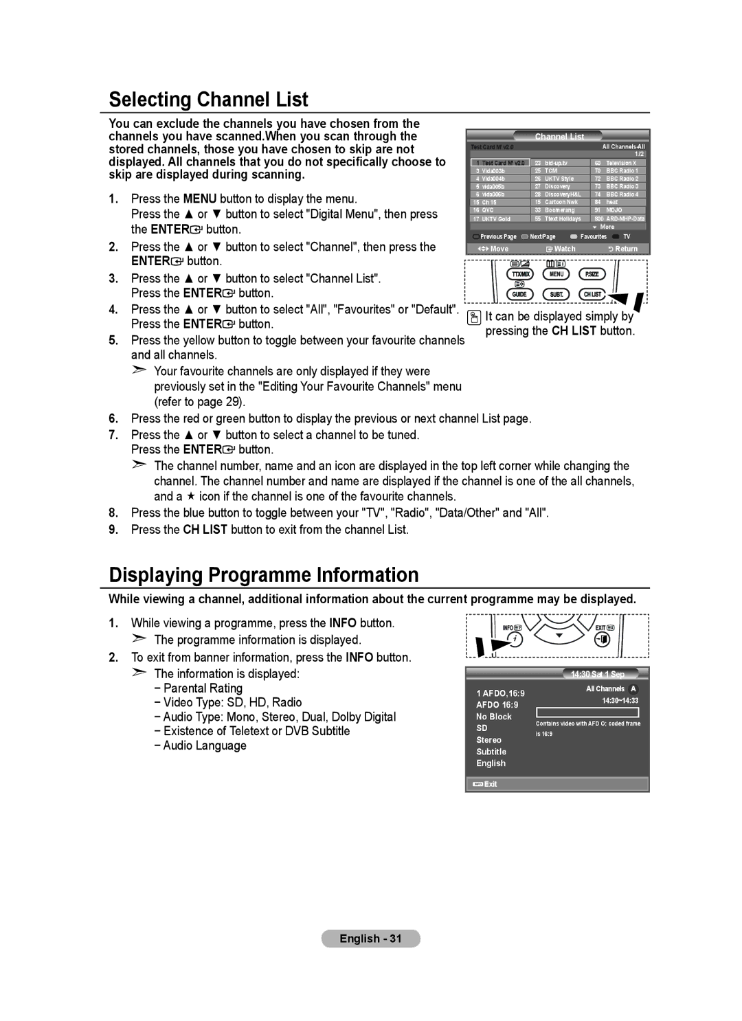 Samsung BN68-01517A-00 user manual Selecting Channel List, Displaying Programme Information 