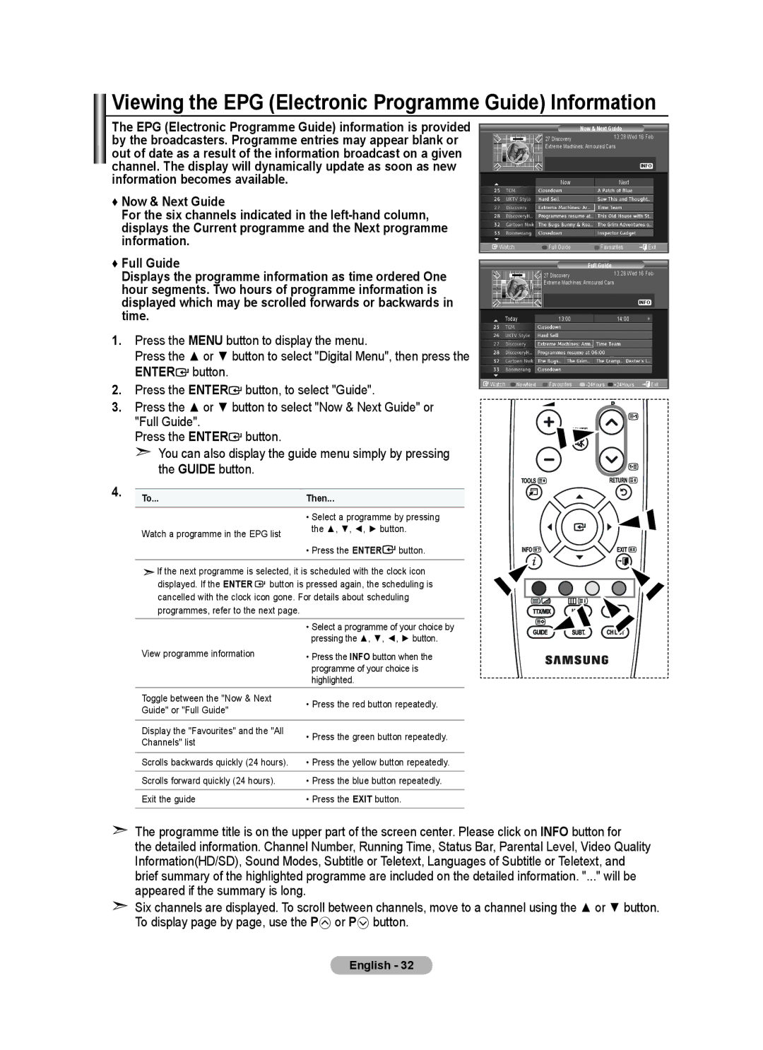 Samsung BN68-01517A-00 user manual Viewing the EPG Electronic Programme Guide Information, Then 