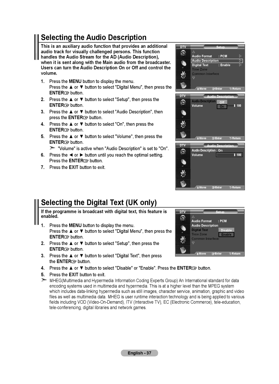 Samsung BN68-01517A-00 user manual Selecting the Audio Description, Selecting the Digital Text UK only 