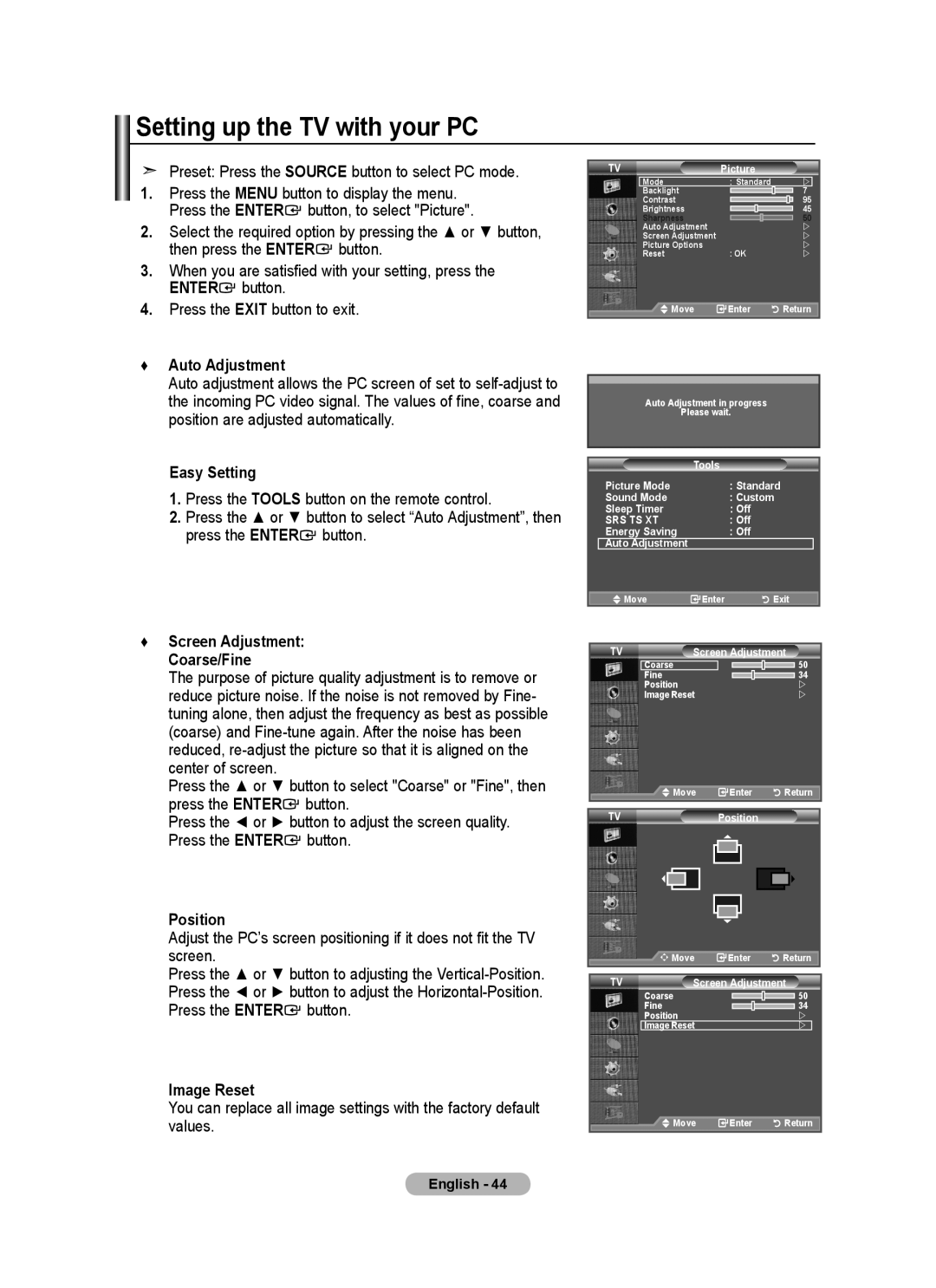 Samsung BN68-01517A-00 Setting up the TV with your PC, Preset Press the Source button to select PC mode, Auto Adjustment 