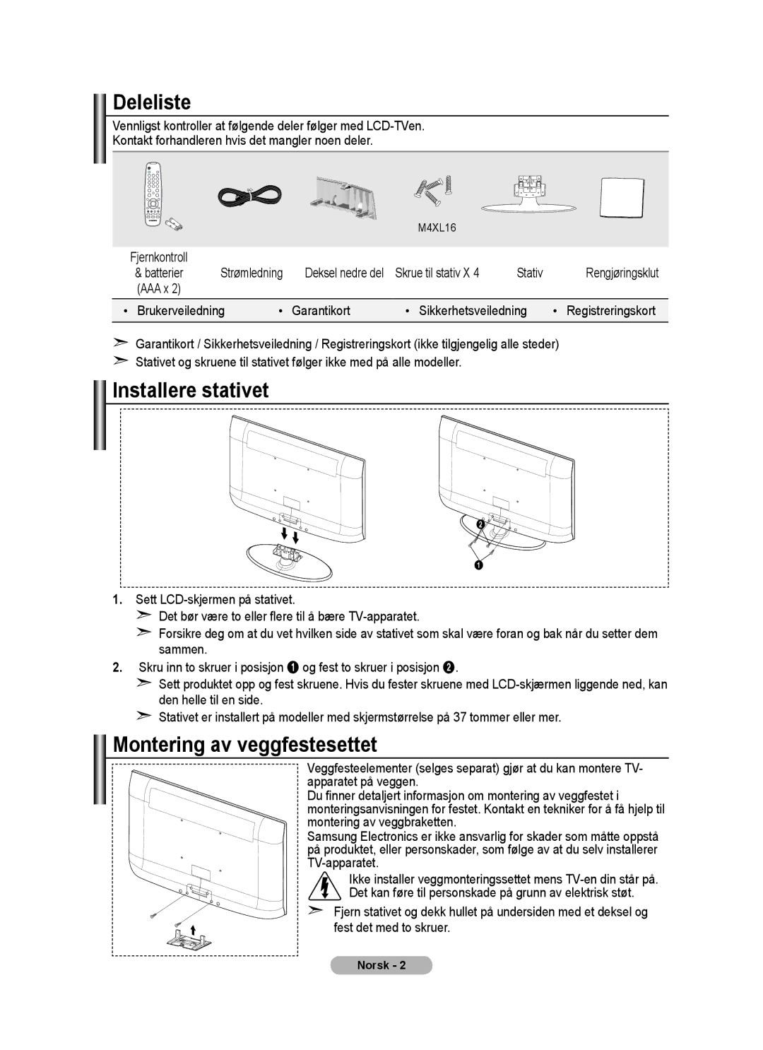 Samsung BN68-01518H-00 user manual Deleliste, Installere stativet, Montering av veggfestesettet 