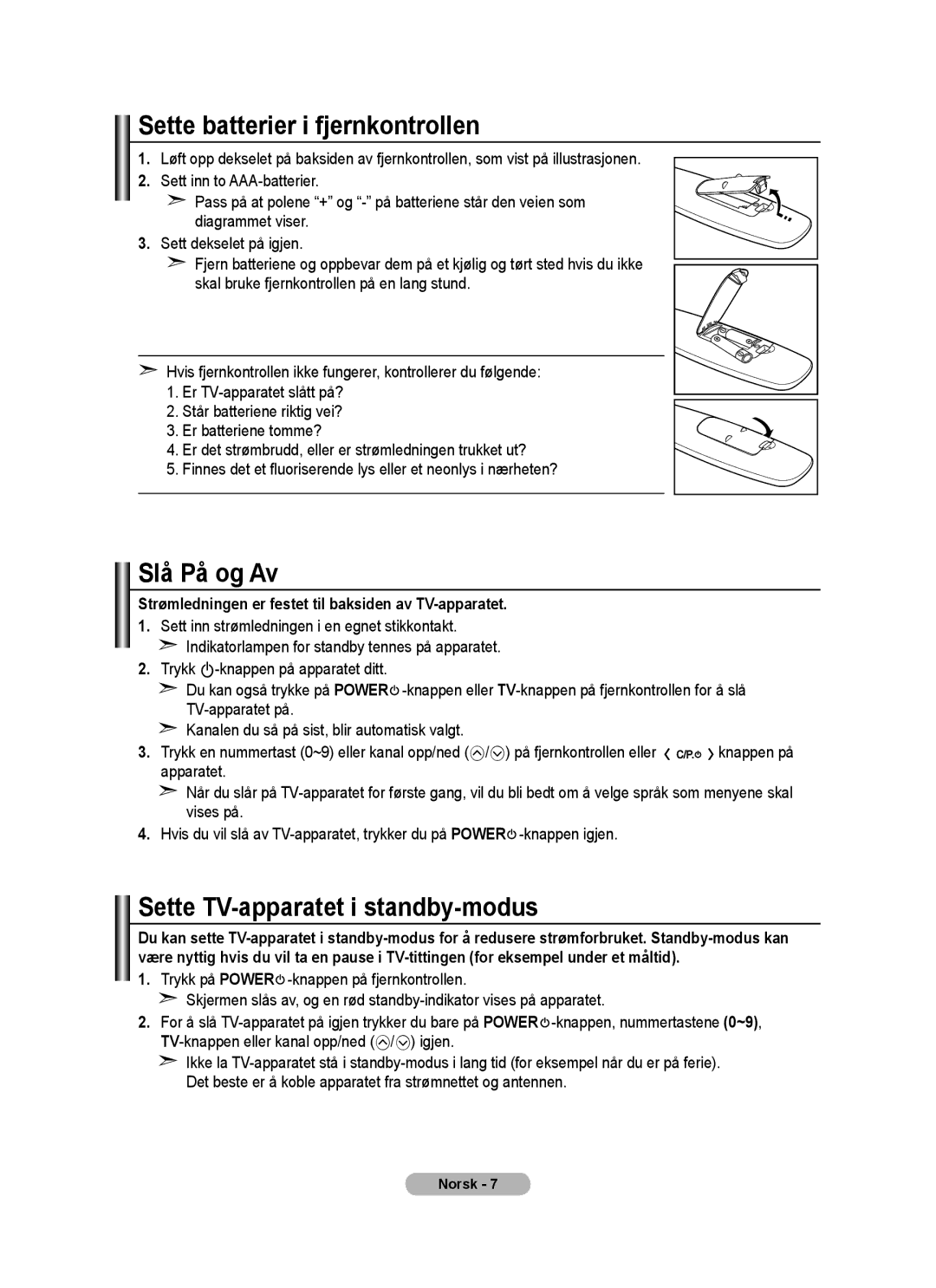 Samsung BN68-01518H-00 user manual Sette batterier i fjernkontrollen, Slå På og Av, Sette TV-apparatet i standby-modus 