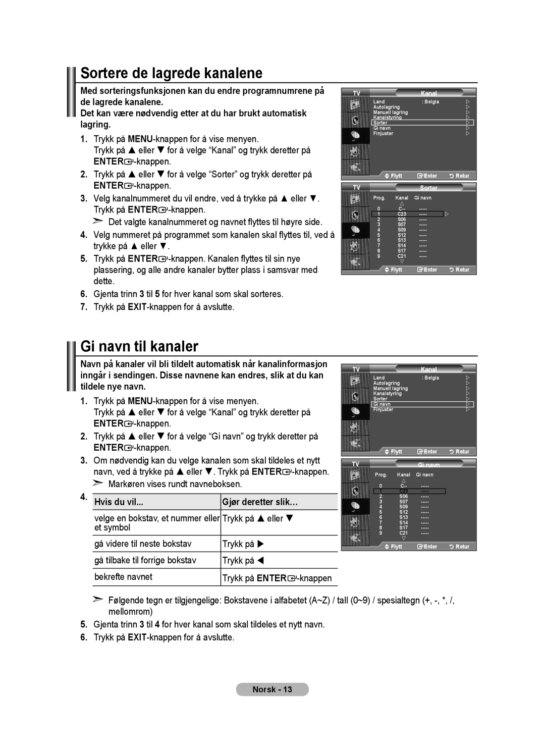 Samsung BN68-01518H-00 user manual Sortere de lagrede kanalene, Gi navn til kanaler, Markøren vises rundt navneboksen 