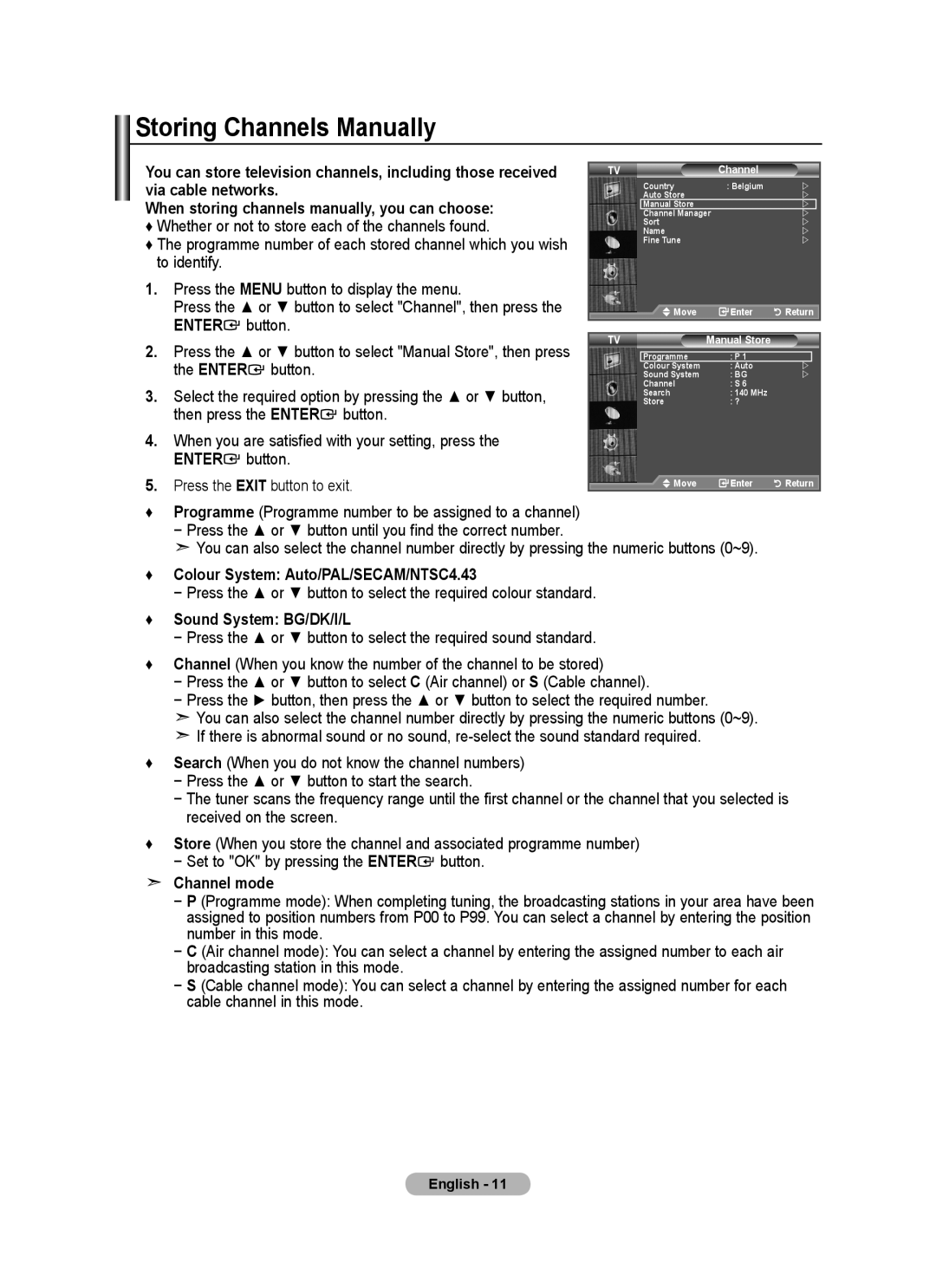 Samsung BN68-01518H-00 user manual Storing Channels Manually 