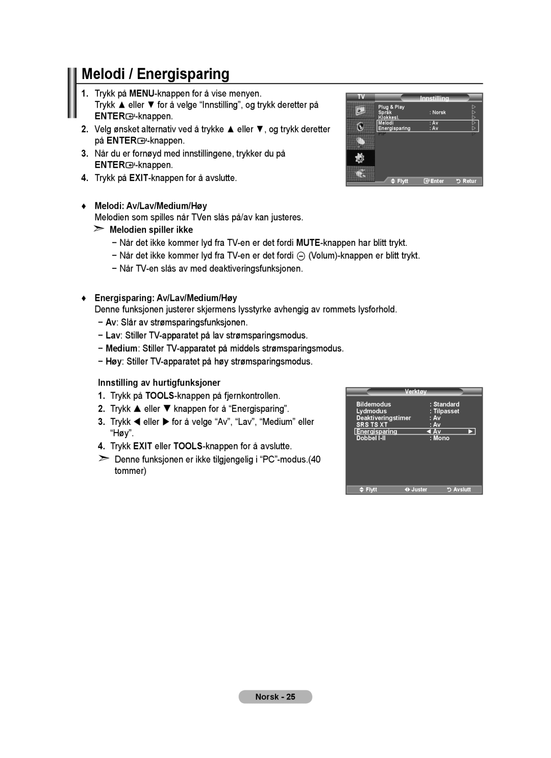 Samsung BN68-01518H-00 user manual Melodi / Energisparing, Melodi Av/Lav/Medium/Høy, Melodien spiller ikke 