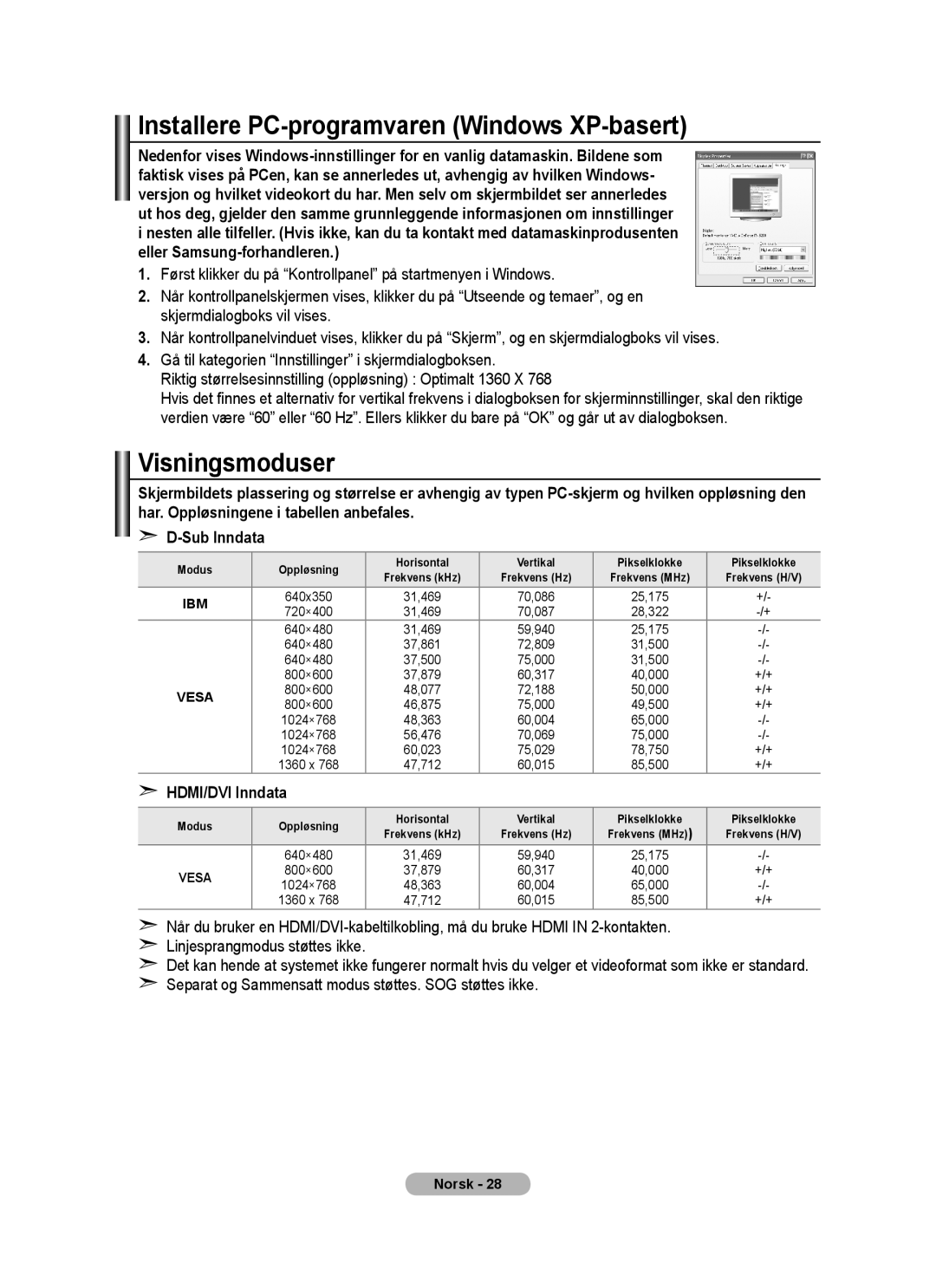 Samsung BN68-01518H-00 user manual Installere PC-programvaren Windows XP-basert, Visningsmoduser, HDMI/DVI Inndata 