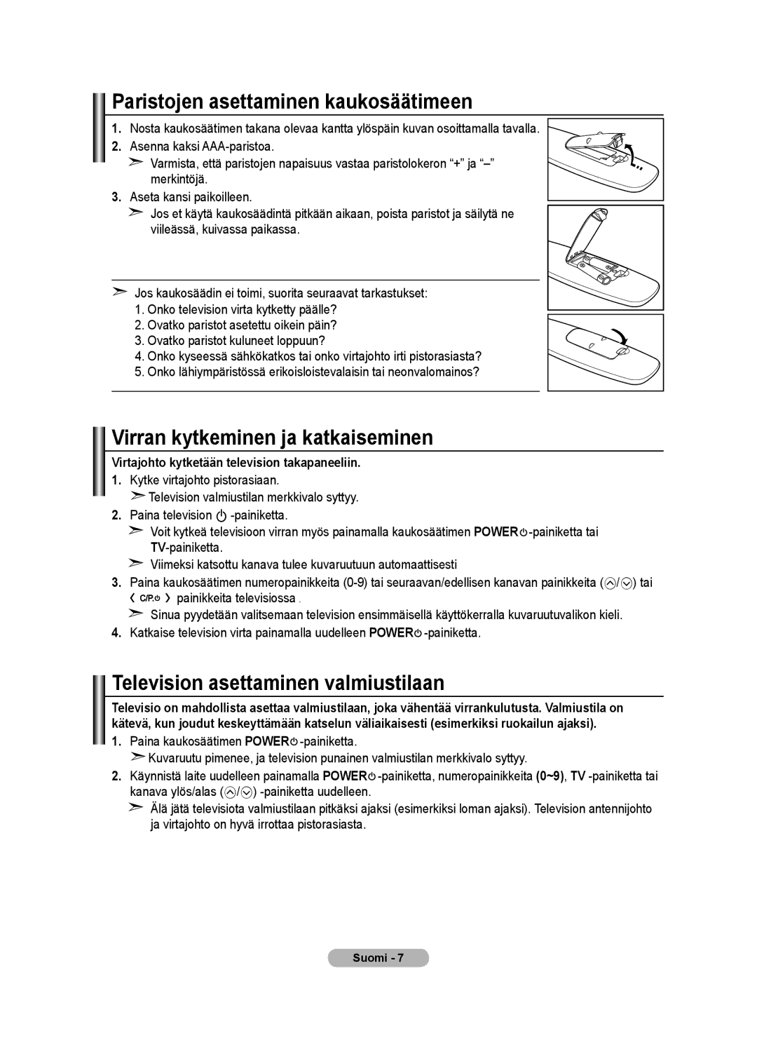 Samsung BN68-01518H-00 user manual Paristojen asettaminen kaukosäätimeen, Virran kytkeminen ja katkaiseminen 