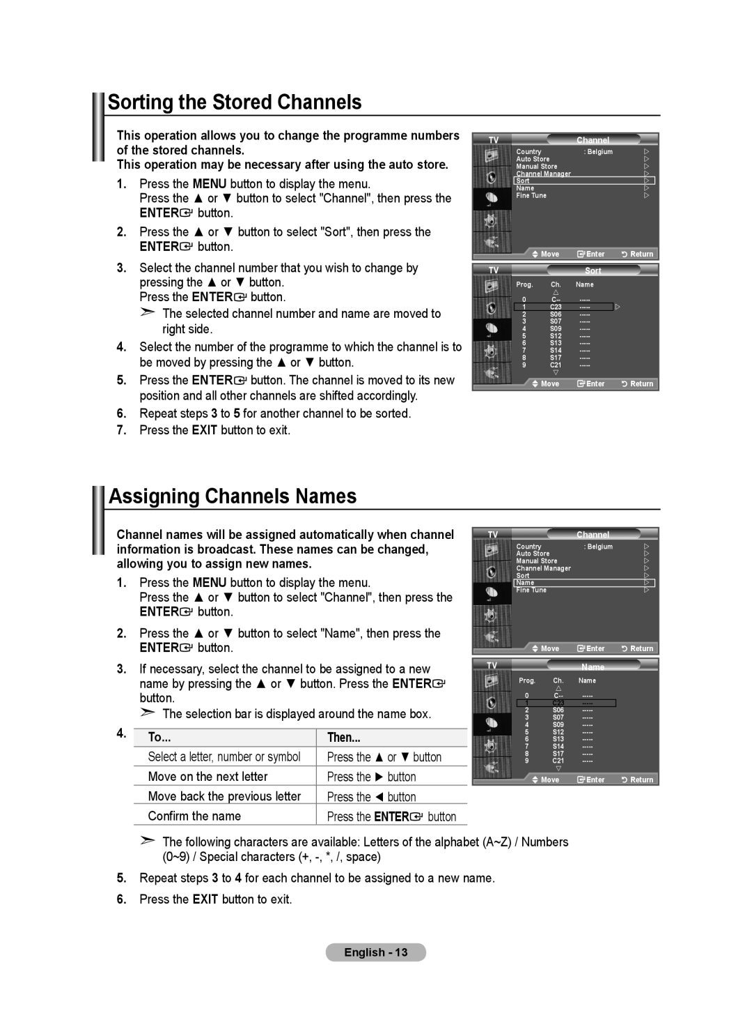 Samsung BN68-01518H-00 user manual Sorting the Stored Channels, Assigning Channels Names, Then 