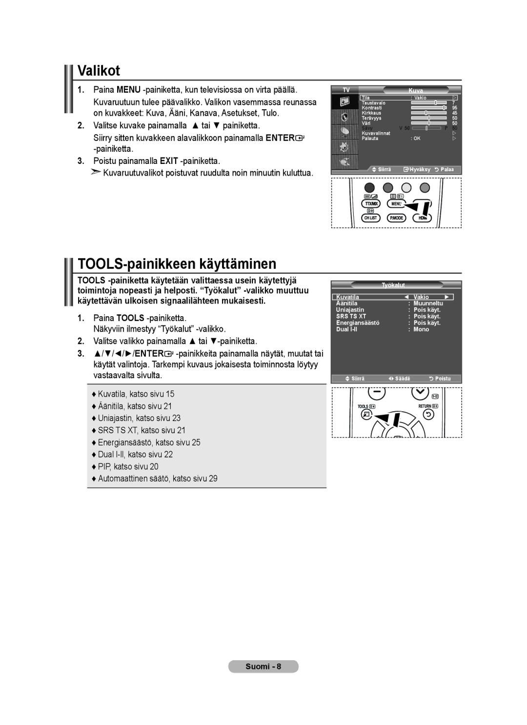 Samsung BN68-01518H-00 user manual Valikot, TOOLS-painikkeen käyttäminen 