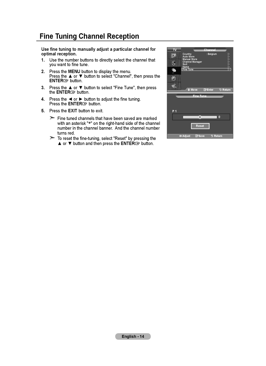 Samsung BN68-01518H-00 user manual Fine Tuning Channel Reception, Fine Tune Reset 