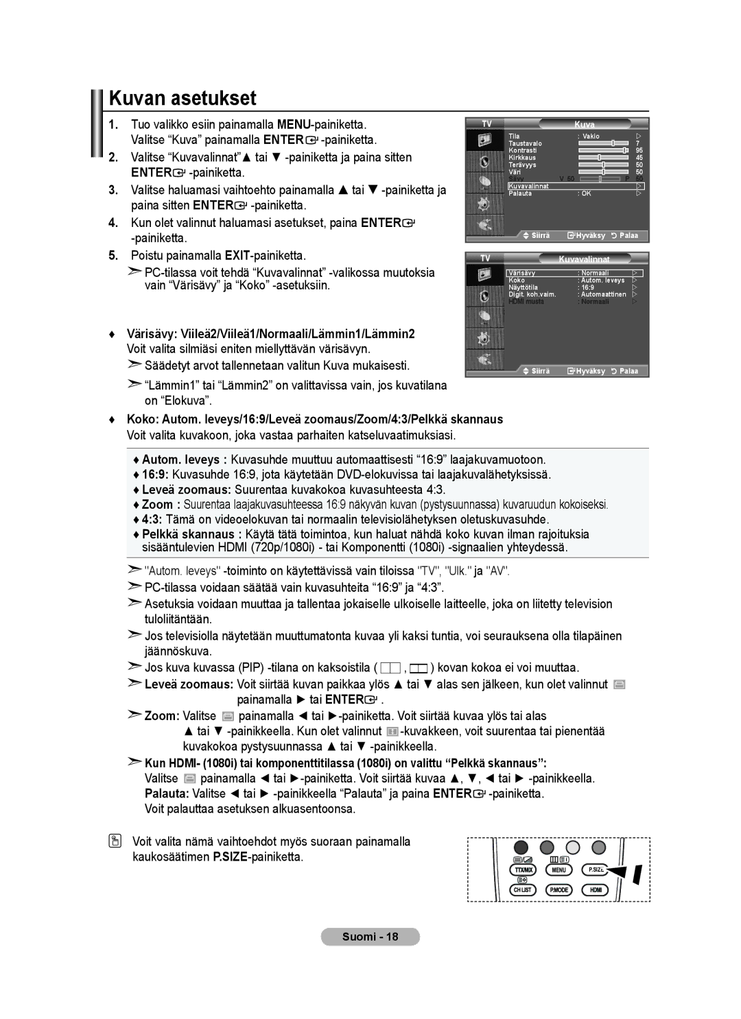 Samsung BN68-01518H-00 user manual Kuvan asetukset, Kuvavalinnat 