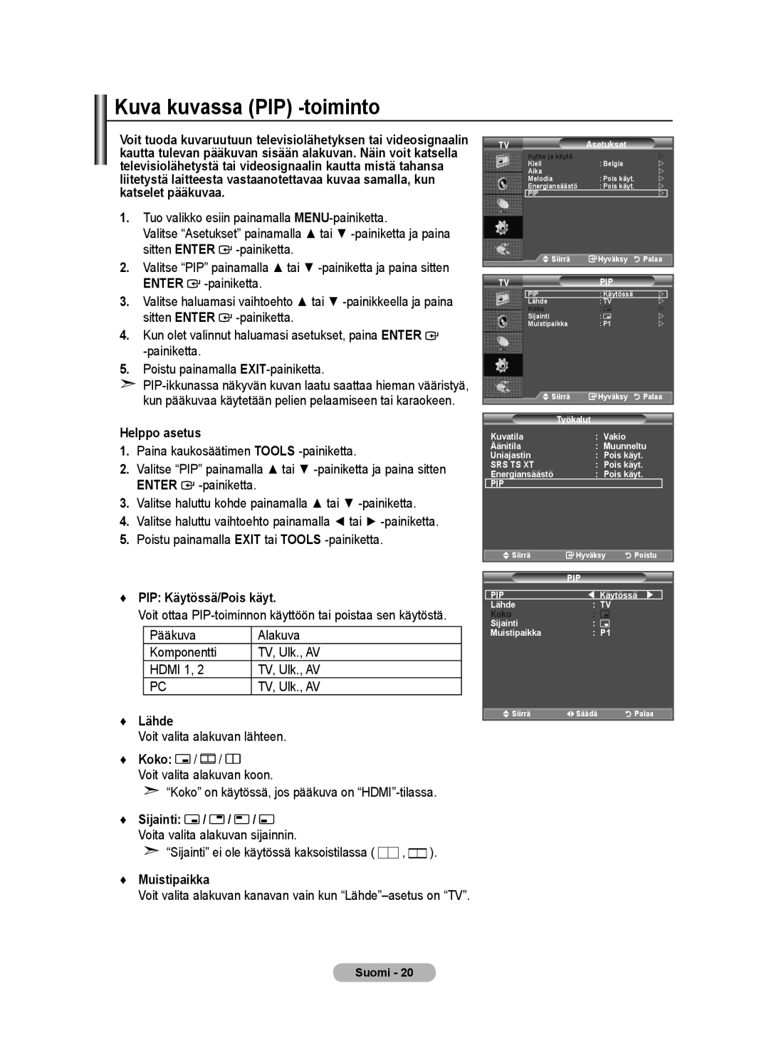 Samsung BN68-01518H-00 user manual PIP Käytössä/Pois käyt, Lähde, Koko, Muistipaikka 