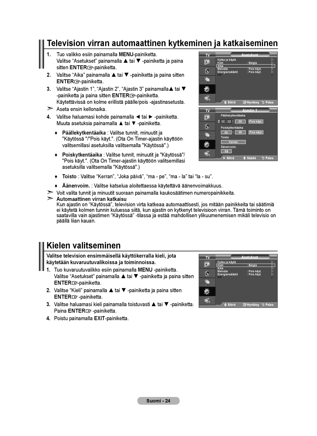 Samsung BN68-01518H-00 user manual Television virran automaattinen kytkeminen ja katkaiseminen, Kielen valitseminen 