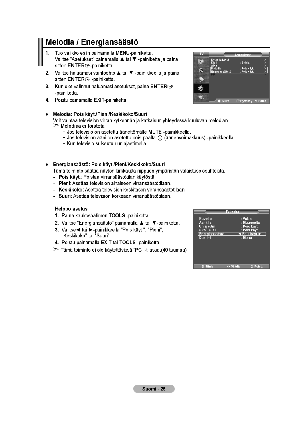 Samsung BN68-01518H-00 user manual Melodia / Energiansäästö 