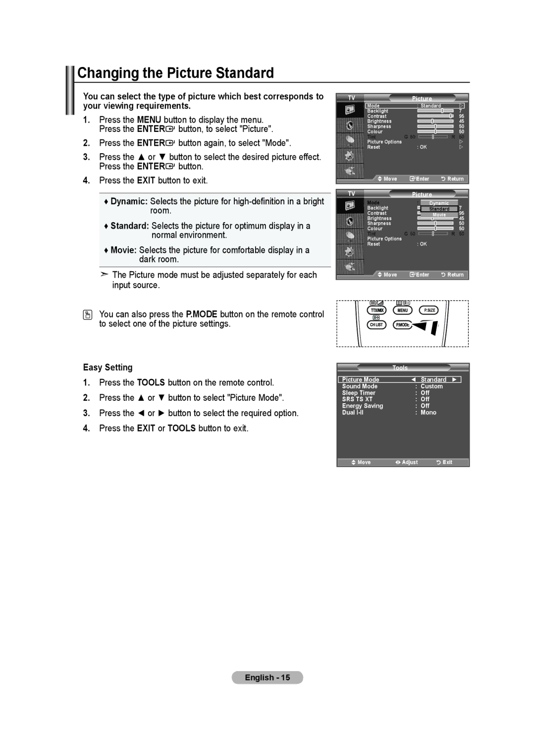 Samsung BN68-01518H-00 user manual Changing the Picture Standard, Easy Setting, Energy Saving Off Dual l-ll Mono 