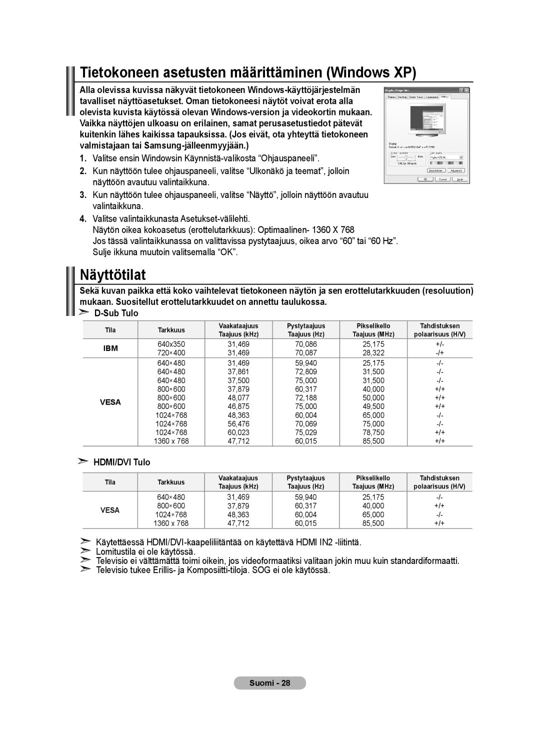 Samsung BN68-01518H-00 user manual Tietokoneen asetusten määrittäminen Windows XP, Näyttötilat, Sub Tulo, HDMI/DVI Tulo 