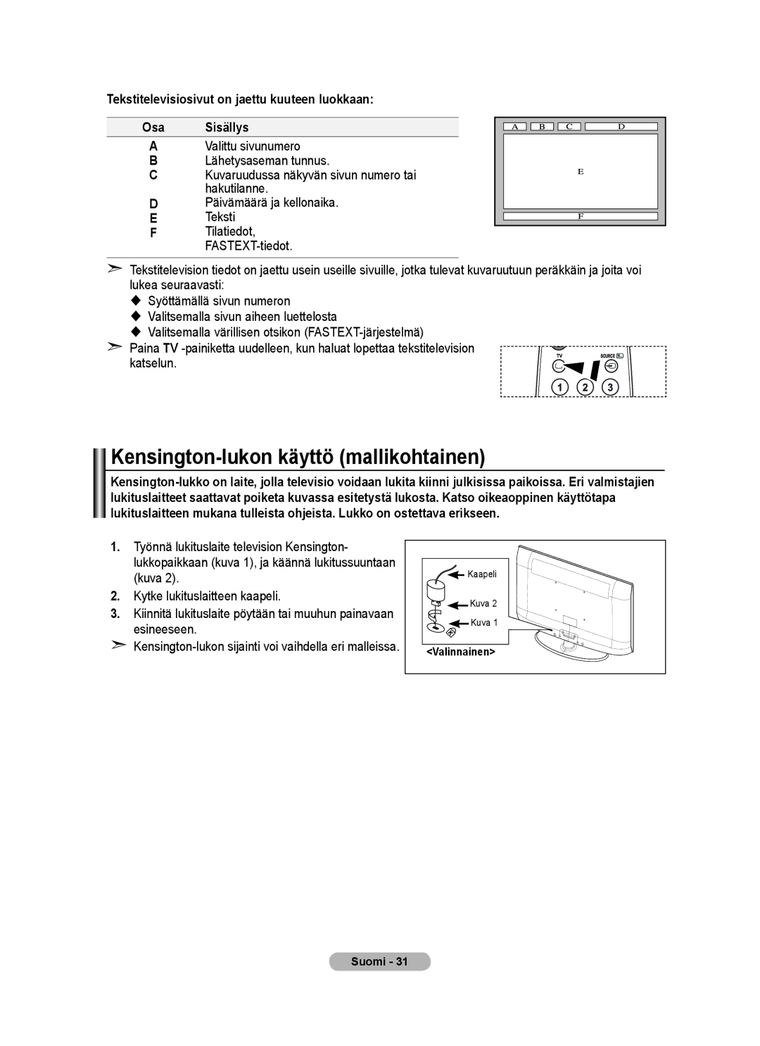 Samsung BN68-01518H-00 Kensington-lukon käyttö mallikohtainen, Valittu sivunumero Lähetysaseman tunnus, Hakutilanne 