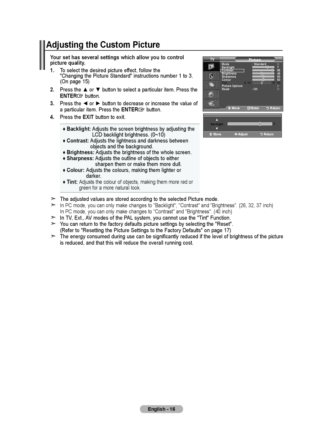 Samsung BN68-01518H-00 user manual Adjusting the Custom Picture 