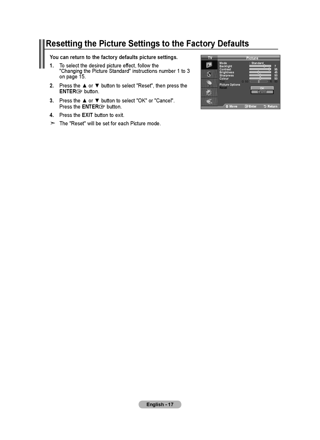 Samsung BN68-01518H-00 user manual Resetting the Picture Settings to the Factory Defaults 