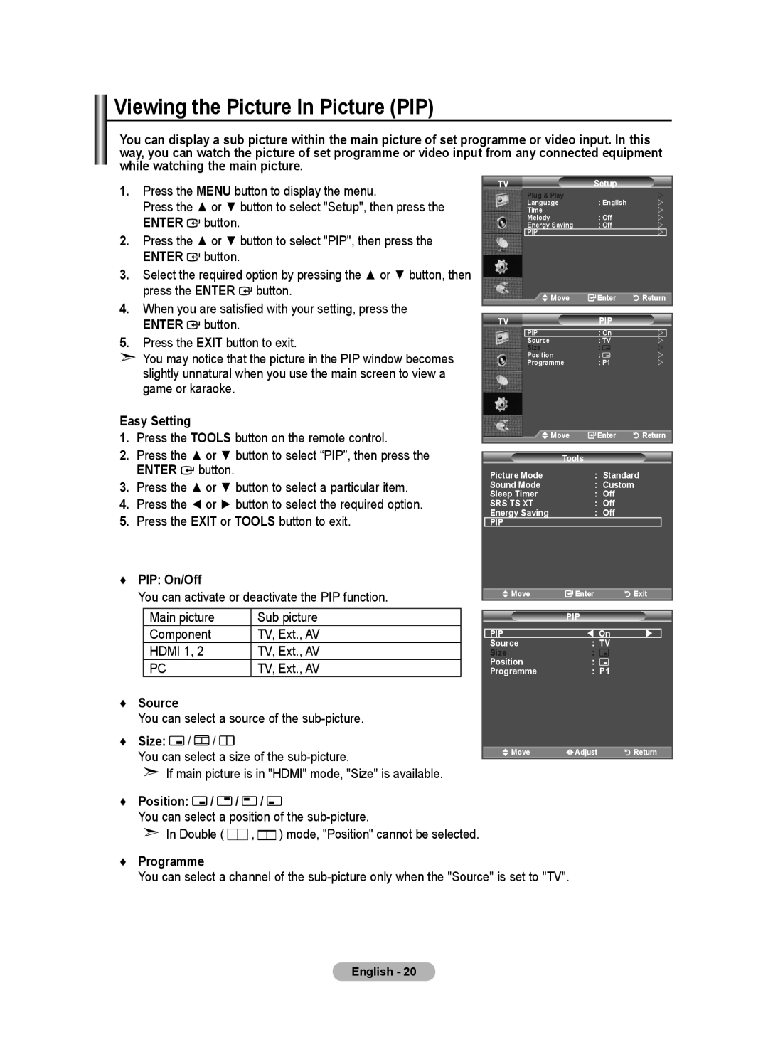 Samsung BN68-01518H-00 user manual Viewing the Picture In Picture PIP, You can select a size of the sub-picture 