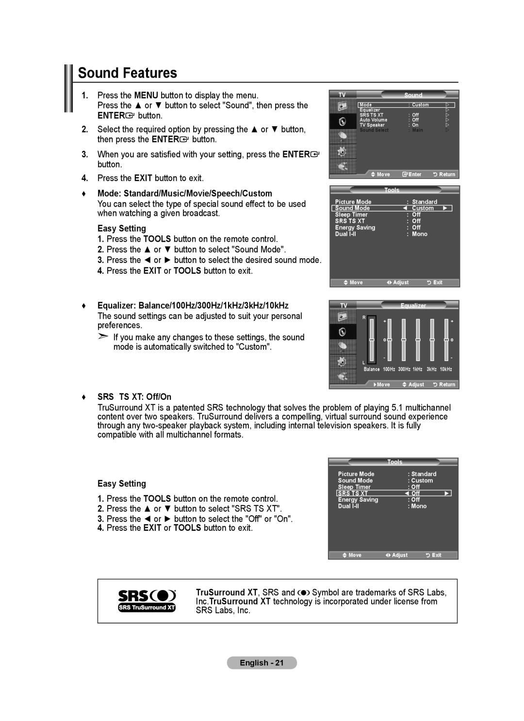 Samsung BN68-01518H-00 user manual Sound Features, Mode Standard/Music/Movie/Speech/Custom, SRS TS XT Off/On 