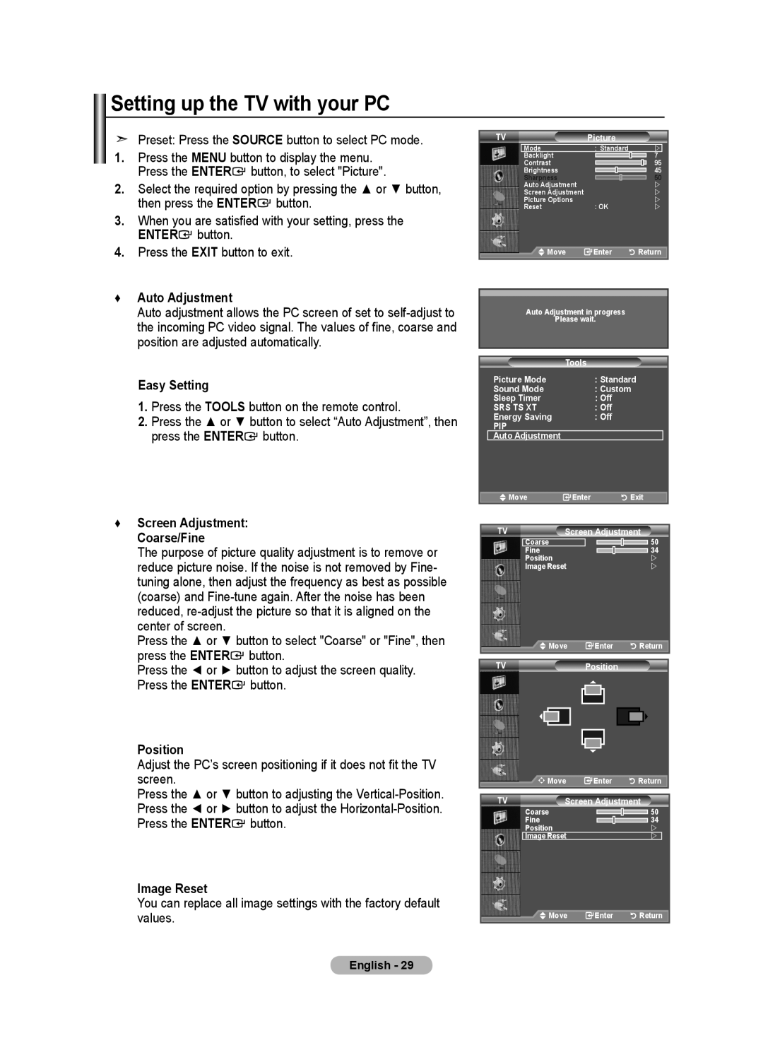 Samsung BN68-01518H-00 Setting up the TV with your PC, Preset Press the Source button to select PC mode, Auto Adjustment 