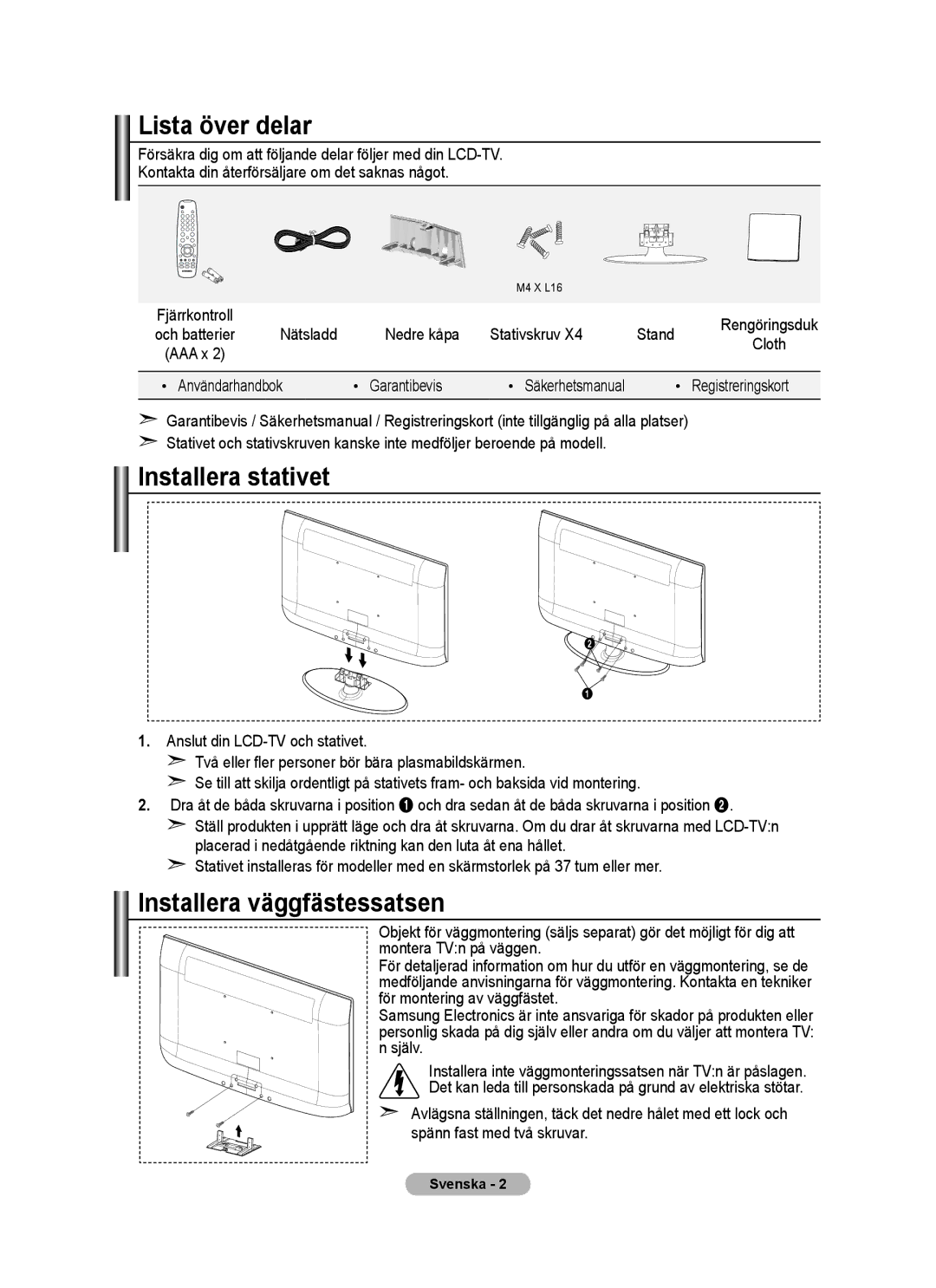 Samsung BN68-01518H-00 user manual Lista över delar, Installera stativet, Installera väggfästessatsen 