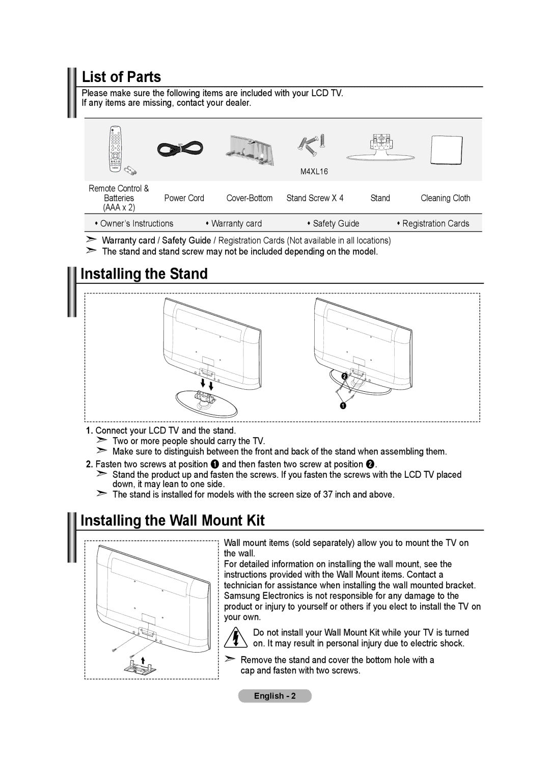 Samsung BN68-01518H-00 user manual List of Parts, Installing the Stand, Installing the Wall Mount Kit 