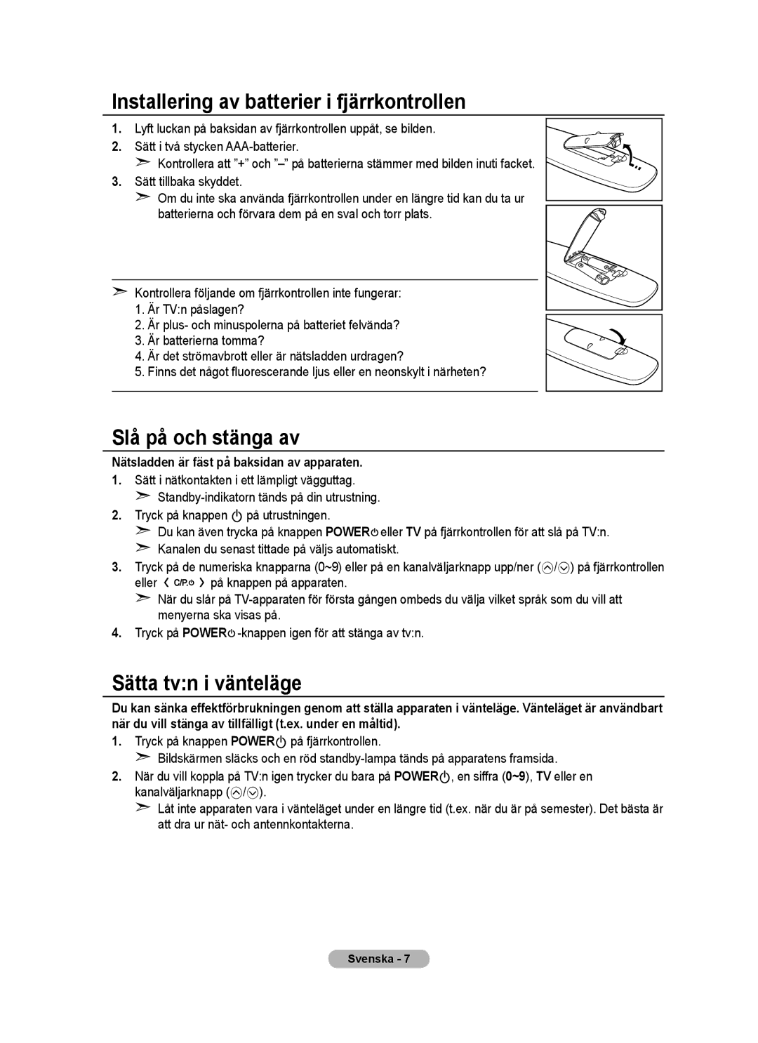 Samsung BN68-01518H-00 user manual Installering av batterier i fjärrkontrollen, Slå på och stänga av, Sätta tvn i vänteläge 