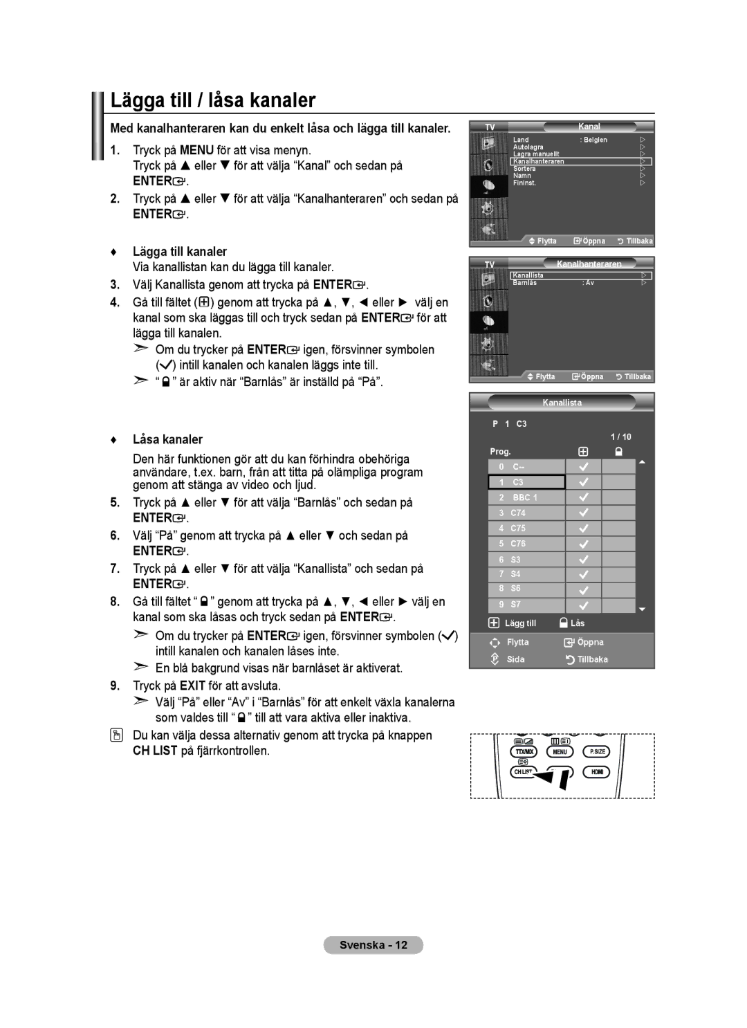 Samsung BN68-01518H-00 user manual Lägga till / låsa kanaler, Lägga till kanaler, Låsa kanaler 