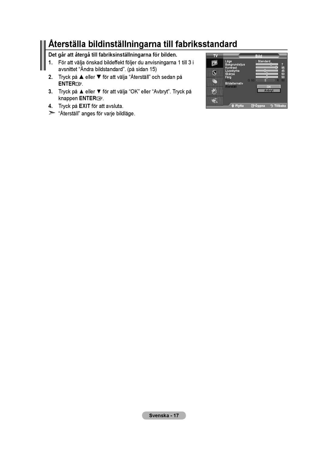 Samsung BN68-01518H-00 user manual Återställa bildinställningarna till fabriksstandard, TVBild 