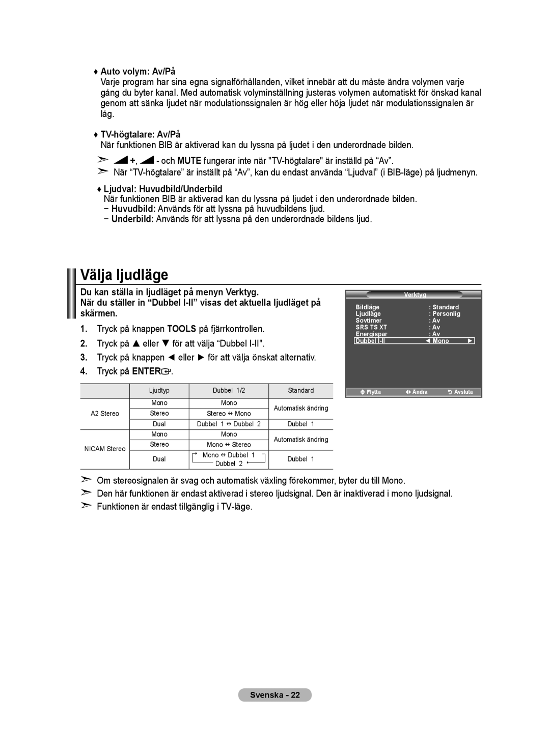 Samsung BN68-01518H-00 Välja ljudläge, Auto volym Av/På, TV-högtalare Av/På, Ljudval Huvudbild/Underbild, Tryck på Enter 