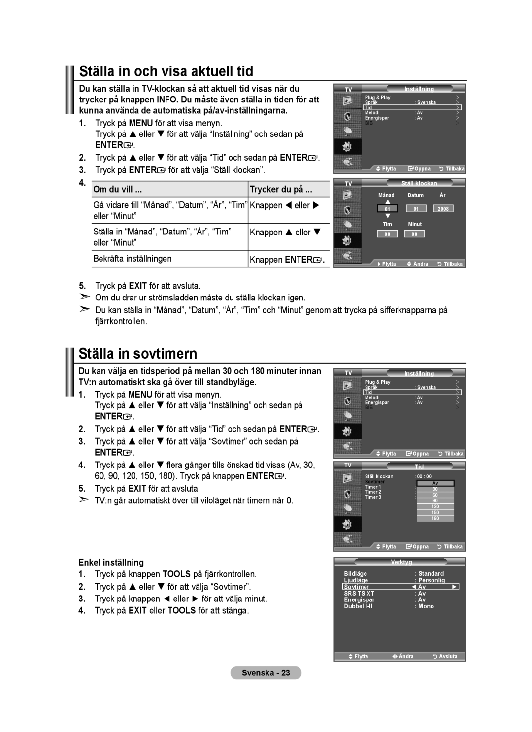 Samsung BN68-01518H-00 user manual Ställa in och visa aktuell tid, Ställa in sovtimern 