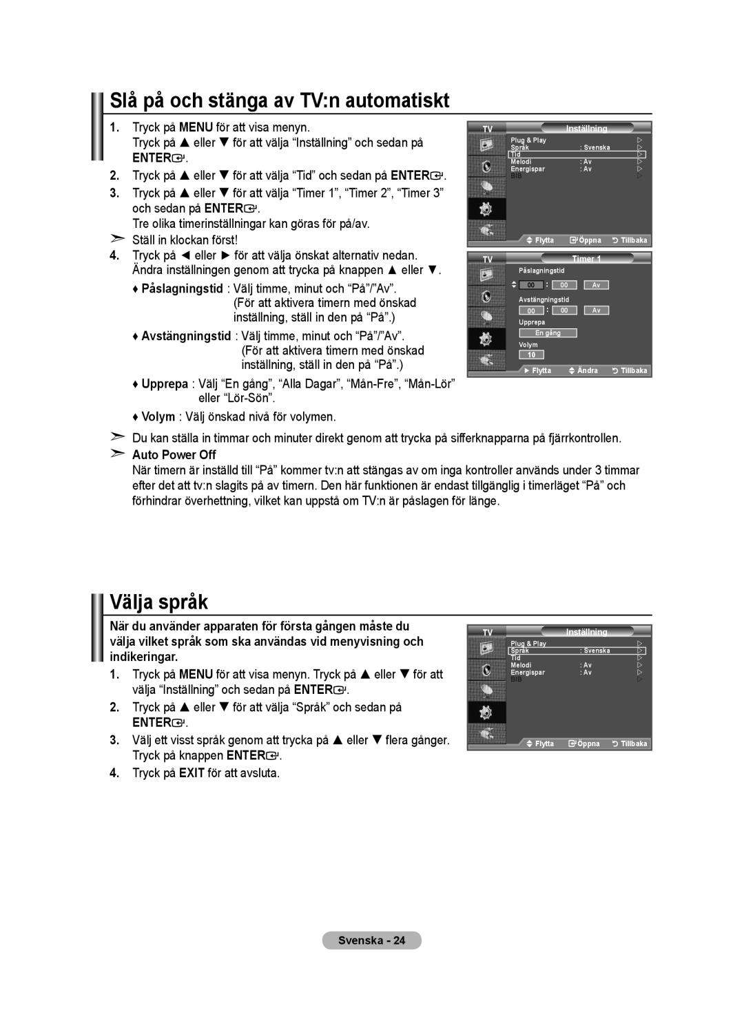 Samsung BN68-01518H-00 user manual Slå på och stänga av TVn automatiskt, Välja språk 