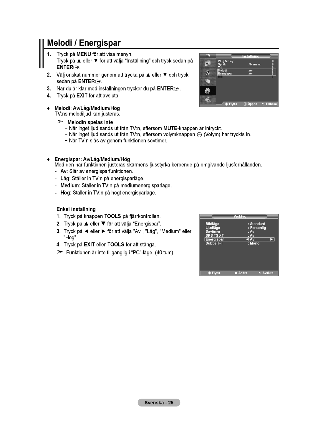 Samsung BN68-01518H-00 user manual Melodi / Energispar, Enkel inställning Tryck på knappen Tools på fjärrkontrollen, Hög 