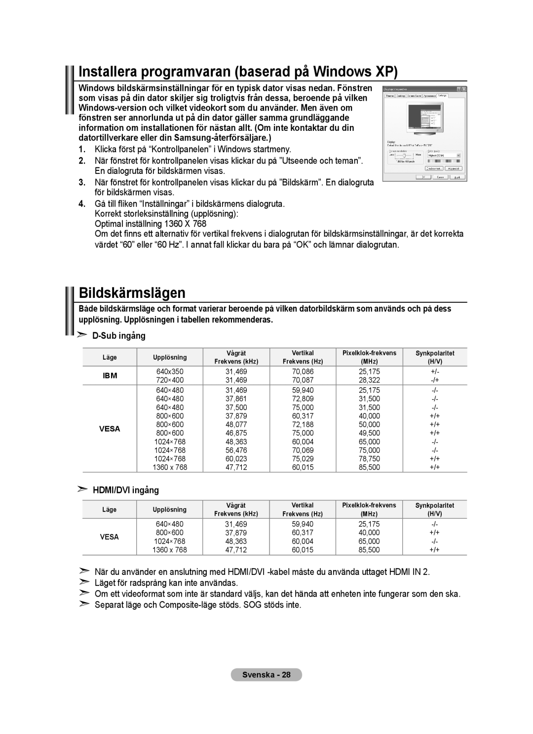 Samsung BN68-01518H-00 Installera programvaran baserad på Windows XP, Bildskärmslägen, Sub ingång, HDMI/DVI ingång 