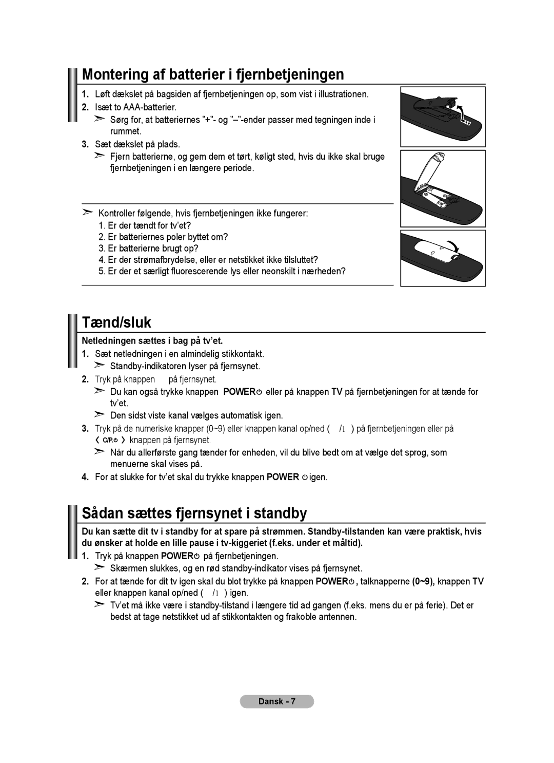 Samsung BN68-01518H-00 user manual Montering af batterier i fjernbetjeningen, Tænd/sluk, Sådan sættes fjernsynet i standby 