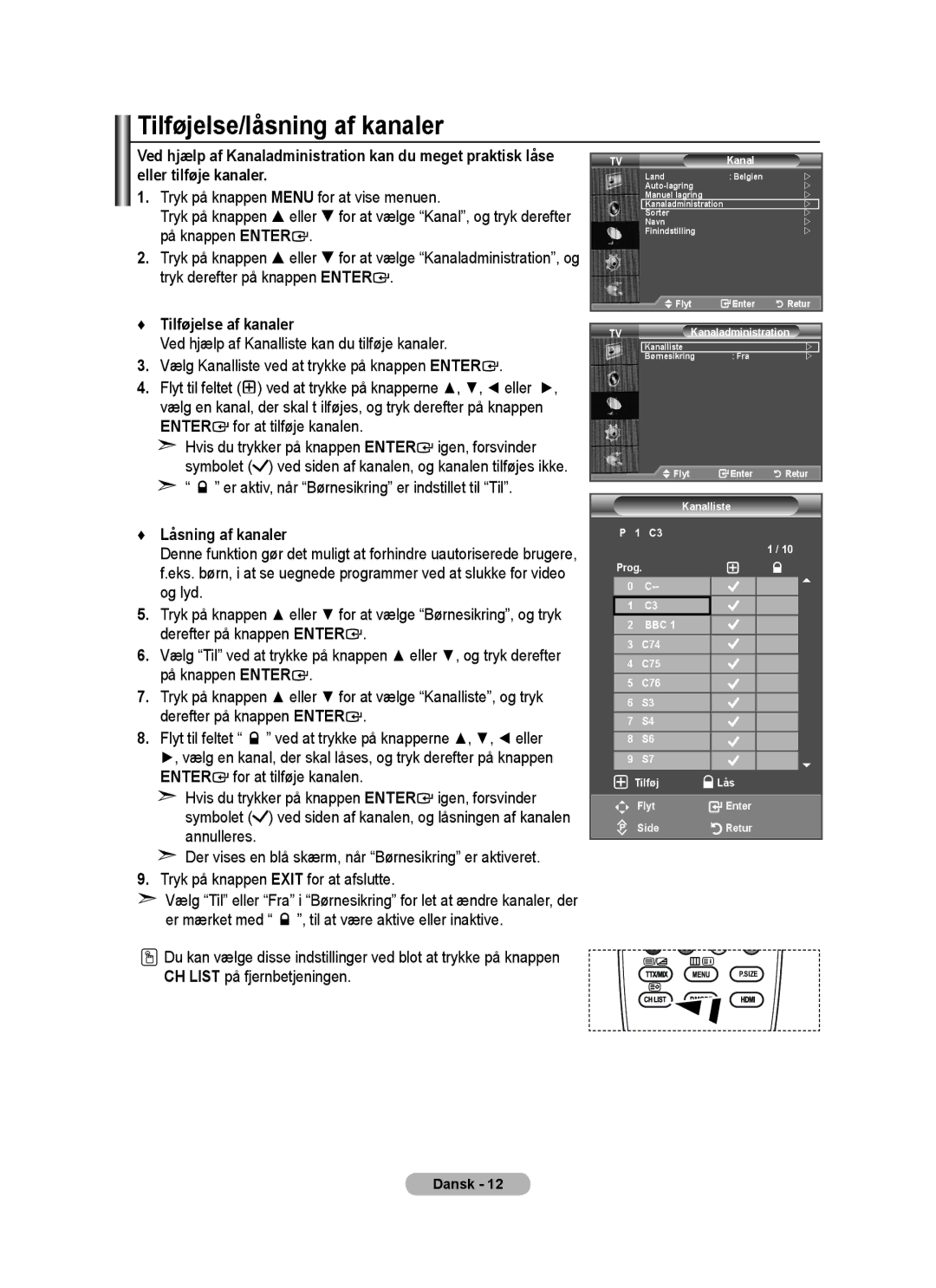 Samsung BN68-01518H-00 user manual Tilføjelse/låsning af kanaler, Tilføjelse af kanaler, Låsning af kanaler 