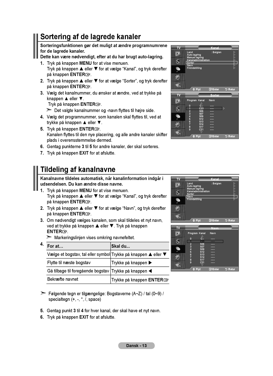 Samsung BN68-01518H-00 user manual Sortering af de lagrede kanaler, Tildeling af kanalnavne, For at… Skal du 