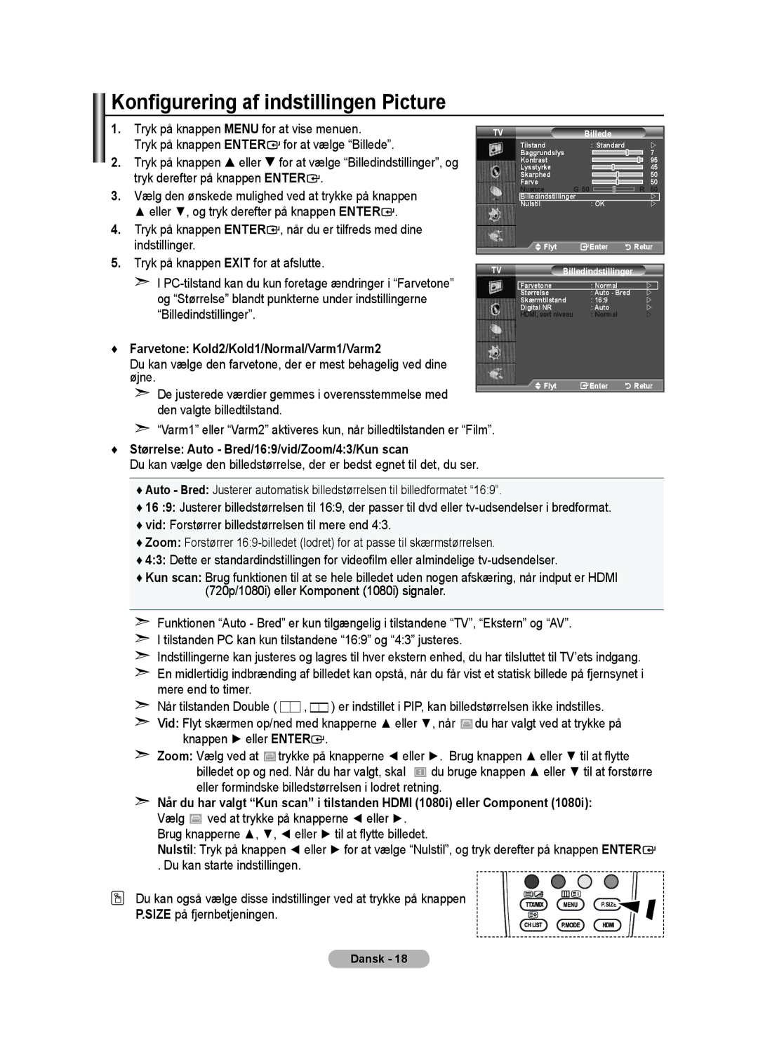 Samsung BN68-01518H-00 user manual Konfigurering af indstillingen Picture, Farvetone Kold2/Kold1/Normal/Varm1/Varm2 